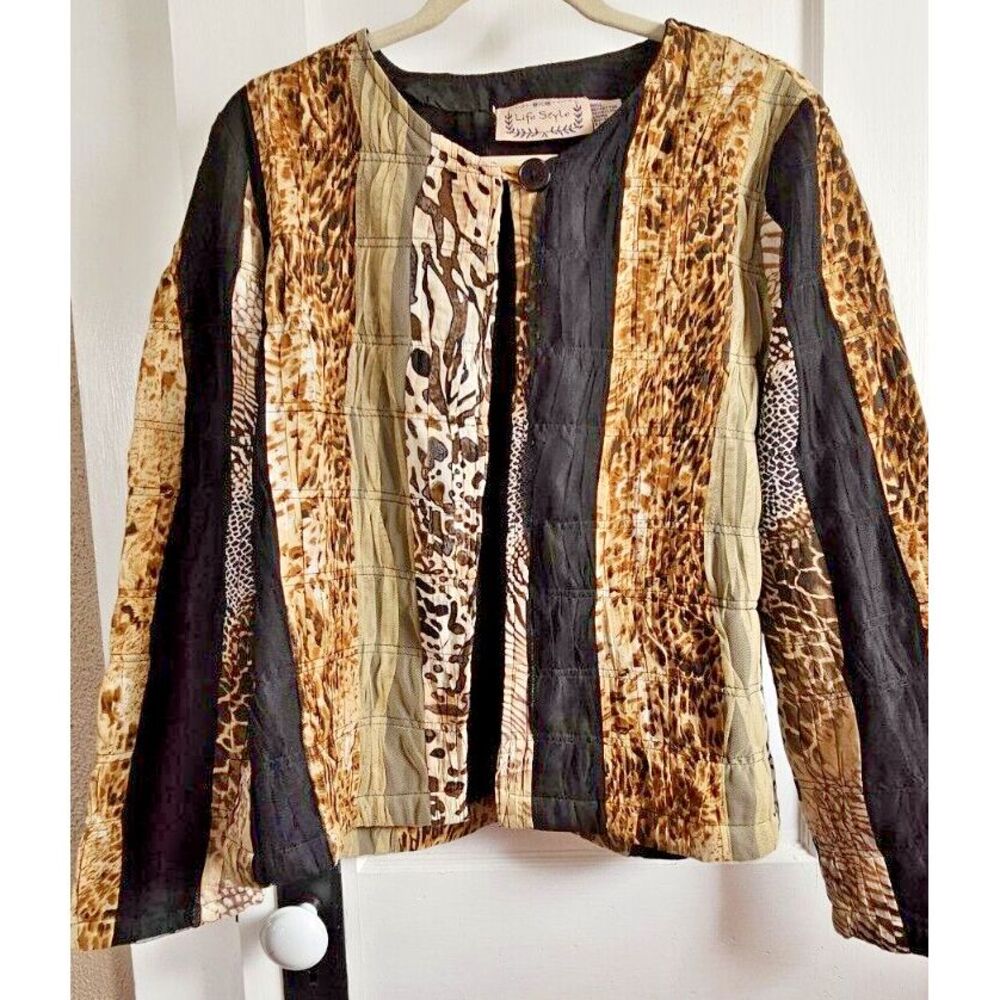 Life Style animal print‎ one button patch work jacket mesh pleated lined Medium